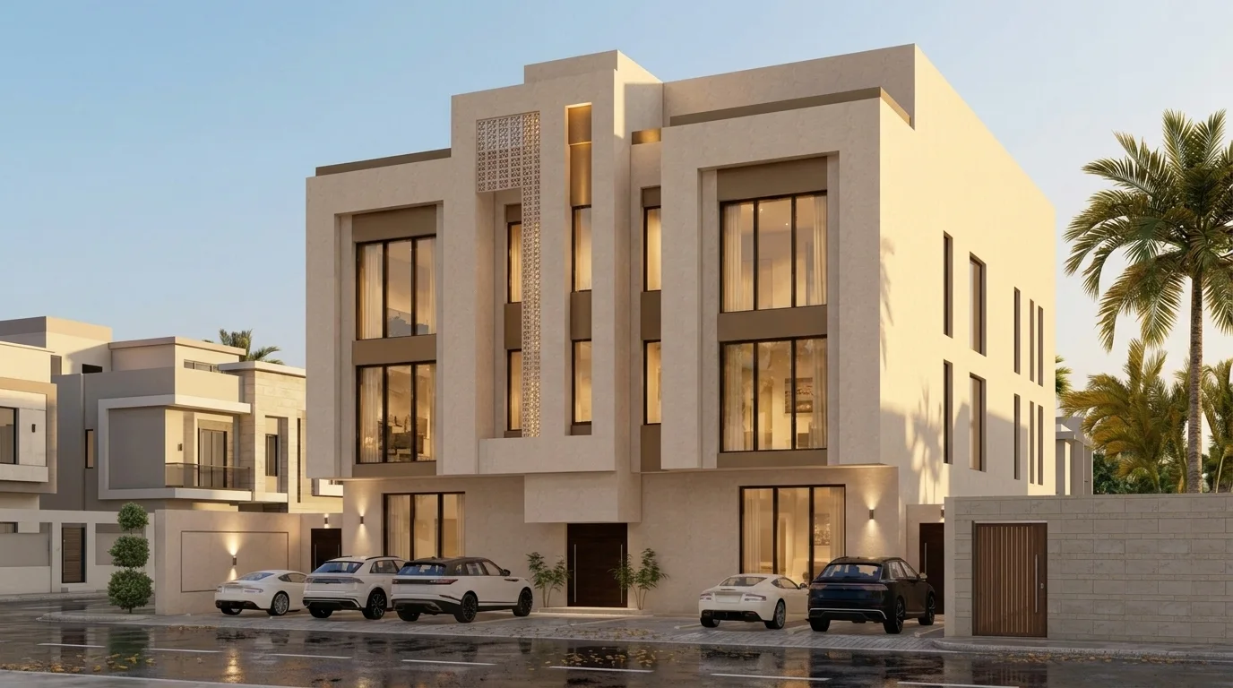 عمارة سكنية، حي هجر — منظور من الشارع
